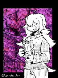  1girl 2023 2d absurdres alternate_costume ben-day_dots black_border border box deltarune digital_media female female_only gift gift_box grin hatching_(texture) highres holding holding_box holding_gift horizontal-striped_clothes lizard lizard_girl long_hair monochrome monster monster_girl nemotraart pants pink_background red_background reptile reptile_girl scalie screentones sharp_teeth simple_background sketch slit_pupils smile solo striped_clothes striped_sweater susie_(deltarune) sweater teeth two-tone_background utdr_(toby_fox) zoom_layer 