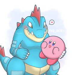  blue_skin blush_stickers colored_skin commentary creature crossover fangs feraligatr heart highres holding holding_creature kirby kirby_(series) na_son_(nq_son) no_humans pink_skin pokemon pokemon_(creature) spoken_heart untranslatable_commentary watermark yellow_eyes 