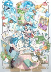  1girl absurdres animal apron aqua_eyes aqua_hair asymmetrical_legwear blue_bow blue_dress blue_eyes blue_hair blue_sleeves blush boots bow bowtie bread brown_boots brown_hat character-themed_food commentary_request cookie dessert detached_sleeves doughnut dress dress_bow food food-themed_clothes food-themed_hat_ornament frilled_apron frills fruit full_body fur-trimmed_dress fur-trimmed_sleeves fur_trim hair_between_eyes hair_ornament hat hat_ornament hatsune_miku highres holding holding_food indoors knee_boots long_hair long_sleeves looking_at_viewer mallow_(di_fushang) mismatched_legwear necktie official_alternate_costume official_alternate_hairstyle open_mouth pantyhose pink_necktie puffy_sleeves rabbit_yukine short_sleeves smile snowflake_print spoon striped_clothes striped_pantyhose tongs twintails two-tone_sleeves very_long_hair vocaloid wavy_hair white_apron yuki_miku yuki_miku_(2026) 