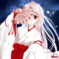  1girl ahoge arm_up branch closed_mouth dancing detached_sleeves falling_petals floating_hair folding_fan grey_hair hair_spread_out hakama hand_fan hand_up harisen holding japanese_clothes kimono knot_hair_ornament leaf leotard long_hair looking_at_viewer miko night obi one_eye_covered original petals profile red_eyes red_hakama red_ribbon ribbon ribbon-trimmed_harisen ribbon-trimmed_sleeves ribbon_trim sash smile solo straight_hair tree tuki upper_body white_hair white_kimono 