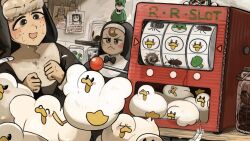  2girls :< @_@ bird black_bow black_bowtie bow bowtie broccoli brown_eyes brown_hair bug cardboard chicken diva_(hyxpk) duck english_commentary feathers freckles froggy_nun_(diva) grey_hair highres jar little_nuns_(diva) multiple_girls nun poster_(object) sheep_nun_(diva) slot_machine sweat traditional_nun 