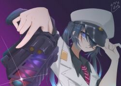  1girl black_hair black_shirt collared_shirt commentary_request davitsondebi grey_eyes gun hair_between_eyes handgun hat holding holding_gun holding_weapon jacket long_hair military_hat military_jacket military_uniform minus_(reverseblue) necktie peaked_cap red_necktie reverseblue_x_re-birthend shirt short_sleeves signature solo striped_clothes striped_necktie twintails weapon white_jacket 