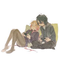  1boy 1girl black_hair black_hoodie black_pants black_pantyhose black_shirt black_skirt black_socks breasts closed_mouth collared_shirt commentary_request controller degrees_of_lewdity freckles game_controller gradient_hair green_eyes green_necktie hair_between_eyes hair_ornament hairclip highres holding holding_controller holding_game_controller hood hood_down hoodie kylar_(degrees_of_lewdity) kylar_(male)_(degrees_of_lewdity) long_hair long_sleeves multicolored_hair necktie orange_hair pants pantyhose parted_lips pillow player_character_(degrees_of_lewdity) player_character_(female)_(degrees_of_lewdity) playing_games pleated_skirt reclining shaded_face shirt simple_background sitting skirt socks solublesalt123 very_long_hair white_background 
