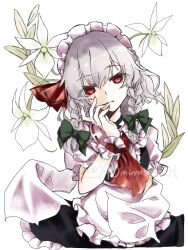  1girl alternate_eye_color aomurasaki_r apron ascot black_skirt black_vest bow collared_shirt commentary flower_request frilled_skirt frilled_sleeves frills green_bow hair_bow hair_ribbon highres izayoi_sakuya maid_headdress medium_hair red_ascot red_eyes red_nails red_ribbon ribbon ribbon-trimmed_collar ribbon_trim shirt short_sleeves skirt solo touhou twitter_username vest waist_apron white_apron white_background white_hair white_shirt 
