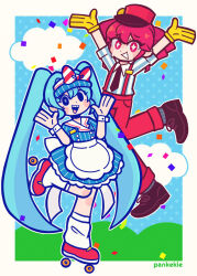  2girls arms_up artist_name black_eyes blue_dress blue_hair border bow clouds commentary confetti dress drill_hair gloves hat hatsune_miku kasane_teto kepi long_hair looking_at_viewer mesmerizer_(vocaloid) military_hat multiple_girls necktie open_mouth pankekie pinstripe_dress pinstripe_hat pinstripe_pattern red_eyes red_hair red_suspenders roller_skates sharp_teeth shirt short_sleeves skates smile star-shaped_pupils star_(symbol) striped_clothes striped_shirt symbol-shaped_pupils teeth thick_lineart twin_drills twintails utau visor_cap vocaloid white_border yellow_gloves 