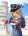  bismarck_(kancolle) blonde_hair blue_eyes blue_shirt bowl clouds collarbone eating food fork gloves hat highres holding holding_bowl holding_fork indiana_georg italian_flag kantai_collection leaning_tower_of_pisa long_hair military_hat outdoors pasta shirt sky spaghetti 