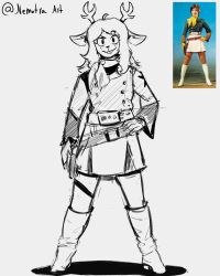  1girl 2023 2d alternate_costume animal_ears anthro antlers arms_at_side artist_name body_fur boots buck_teeth cowgirl_(western) deer deer_ears deer_girl deltarune digital_media female female_only full_body furry furry_female gun hand_on_own_hip hatching_(texture) highres knee_boots legs_apart long_hair long_sleeves looking_at_viewer mammal miniskirt monochrome nemotraart noelle_holiday photo-referenced photo_inset reference_inset reference_photo reindeer reindeer_girl scarf shadow simple_background skirt solo standing straight-on teeth utdr_(toby_fox) weapon white_background 