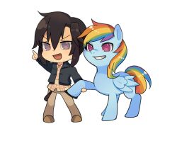  2girls black_hair black_jacket blue_fur brown_pants chibi commentary_request crossover feathered_wings grin idolmaster idolmaster_(classic) jacket kennymoney kikuchi_makoto multicolored_hair multiple_girls my_little_pony my_little_pony:_friendship_is_magic open_clothes open_jacket open_mouth pants pegasus plaid_clothes plaid_shirt pointing rainbow_dash rainbow_hair shirt short_hair simple_background smile standing transparent_background v-shaped_eyebrows violet_eyes wings 