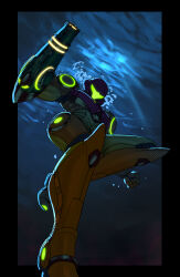  1girl arm_cannon assault_visor from_below highres max_kay metroid neon_trim power_suit_(metroid) samus_aran solo underwater varia_suit weapon 