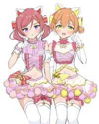  2girls :< :d animal_ears bell blush bow cat_ears closed_mouth collar commentary_request corset cowboy_shot crop_top detached_sleeves earrings frilled_collar frilled_corset frilled_garter frilled_shirt frilled_shirt_collar frilled_skirt frills garter_straps gloves hair_bow hair_ornament hairclip highres hoshizora_rin idol_clothes jewelry layered_skirt love_live! love_live!_school_idol_project midriff miniskirt multiple_girls multiple_hair_bows navel nishikino_maki open_mouth orange_hair petticoat pom_pom_(clothes) puffy_short_sleeves puffy_sleeves red_bow red_hair sa(bannane)k shirt short_hair short_sleeves short_twintails simple_background single_paw_pose skirt smile thigh-highs thighs twintails violet_eyes white_gloves white_sleeves white_thighhighs yellow_bow yellow_eyes 
