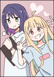  2girls :> absurdres ahoge aqua_hair bare_arms black_hair blonde_hair blush brown_eyes cho_kaguya-hime! colored_inner_hair commentary cosplay double_w green_eyes grin heart highres kaguya_(cho_kaguya-hime!) lab_coat long_hair looking_at_viewer mole mole_under_eye multicolored_hair multiple_girls nekotoufu onii-chan_wa_oshimai! oyama_mahiro oyama_mahiro_(cosplay) puff_of_air purple_nails sakayori_iroha short_hair short_sleeves simple_background smile sweatdrop two-tone_hair w watch watch 