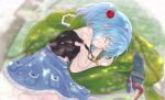  1girl backpack bag bananannu black_tank_top blue_hair blue_skirt closed_eyes closed_mouth commentary_request frilled_skirt frills hair_bobbles hair_ornament highres kawashiro_nitori key lying no_headwear on_side pocket skirt sleeping solo tank_top touhou two_side_up 