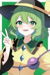  1girl :d absurdres arina_stepanova black_headwear commentary green_background green_eyes green_hair hat hat_ribbon highres komeiji_koishi long_sleeves looking_at_viewer open_mouth ribbon short_hair simple_background smile solo third_eye touhou upper_body v yellow_ribbon 
