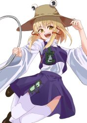  1girl animal_print blonde_hair brown_hat brown_shoes chakram commentary frog_print hair_ribbon hat holding holding_weapon long_hair long_sleeves looking_at_viewer moriya's_iron_rings moriya_suwako open_mouth print_skirt print_vest purple_skirt purple_vest red_ribbon ribbon shoes simple_background skirt skirt_set smile solo teeth thigh-highs touhou tress_ribbon upper_teeth_only veow vest weapon white_background white_thighhighs wide_sleeves yellow_eyes 