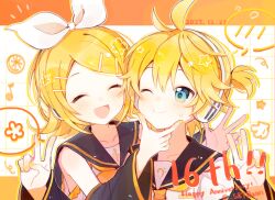  1boy 1girl 2023 :d ;) ;t ^_^ bare_shoulders black_sleeves blonde_hair blue_eyes blush brother_and_sister child chinese_commentary closed_eyes closed_mouth cohana collarbone commentary_request dated detached_sleeves double-parted_bangs double_v english_text face-to-face facing_another flipped_hair frilled_shirt frills grid_background hair_between_eyes hair_ornament hand_on_another's_chin hands_up happy_anniversary highres kagamine_len kagamine_rin letterboxed long_sleeves looking_at_another musical_note nail_polish neckerchief necktie one_eye_closed open_mouth outline ponytail shirt short_hair short_ponytail siblings simple_background sleeveless sleeveless_shirt smile spoken_flower star_(symbol) stroking_another's_chin sweatdrop swept_bangs tongue twins twitter_username upper_body v vocaloid w white_background white_outline white_shirt wide_sleeves yellow_nails yellow_neckerchief yellow_necktie yellow_outline 