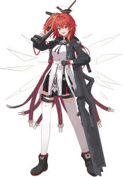  1girl :d absurdres ankle_boots arknights azk2 black_boots black_gloves black_jacket black_shorts boots commentary detached_wings exusiai_(arknights) exusiai_the_new_covenant_(arknights) fingerless_gloves full_body gloves gun hair_between_eyes halo highres holding holding_gun holding_weapon jacket long_sleeves medium_hair open_clothes open_jacket open_mouth red_hair shirt shorts smile solo standing submachine_gun teeth thigh-highs thigh_strap traditional_halo upper_teeth_only w weapon white_halo white_shirt white_thighhighs wings yellow_eyes 