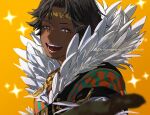  1boy 91007 black_hair brown_eyes circlet dark-skinned_male dark_skin feather_trim feathers fire_emblem fire_emblem_engage fogado_(fire_emblem) jewelry looking_at_viewer male_focus open_mouth short_hair simple_background smile solo sparkle sparkling_eyes yellow_background 