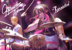  2boys :d ^_^ artist_name backlighting bare_shoulders belt black_background black_gloves black_hair black_shirt blue_shirt blush broken_heart_print buckle character_name chromatic_aberration closed_eyes commentary cross-laced_clothes cross-laced_gloves double-parted_bangs drum drum_set drumsticks dual_persona elbow_gloves english_commentary english_text gloves green_eyes guitar hair_between_eyes hand_up headphones heart heart-shaped_buckle highres holding holding_drumsticks holding_guitar holding_instrument instrument long_hair long_hair_between_eyes looking_ahead looking_at_object microphone_stand multicolored_hair multiple_belts multiple_boys necktie nose_blush open_mouth opposites_attract orange_hair pink_belt pink_necktie ro_mantical roblox royale_high shirt short_hair simple_background sleeveless sleeveless_shirt smile solo_focus sparkle spiked_headphones stage_lights streaked_hair sweat teeth thick_eyebrows two-tone_hair upper_body upper_teeth_only 