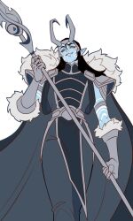  1boy absurdres alternate_form androgynous armlet armor black_hair blue_skin bright_pupils cape colored_sclera colored_skin evil_cactus fake_horns from_below fur-trimmed_cape fur-trimmed_gloves fur_trim gloves grey_cape grey_eyes grey_pants grin hashtag-only_commentary highres holding holding_staff horned_headwear horns jewelry loki_(marvel) long_hair looking_at_viewer looking_down male_focus marvel marvel_rivals pants pauldrons pelvic_curtain pointy_ears red_sclera shoulder_armor silver_armlet smile solo staff thor_(marvel)_(series) white_background white_pupils 