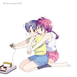  2girls blue_hair blush braid brown_eyes controller denim denim_shorts famicom full_body game_console game_controller highres holding holding_controller holding_game_controller hug multiple_girls pale_skin pink_shorts playing_games playing_video_games ranma-chan ranma_1/2 shirt short_hair shorts single_braid sweat takotakoagare85 tendou_akane twitter_username yellow_shirt yuri 