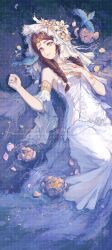  1girl absurdres alternate_costume anne_lester armpit_crease bare_shoulders blue_background blue_flower braid brown_hair chinese_commentary commentary_request detached_sleeves dress flower hair_flower hair_ornament hand_on_own_chest highres identity_v in_water ling_nian_dolly lips long_dress long_hair lying on_back parted_bangs sample_watermark smile solo twin_braids veil watermark watermark_grid white_dress white_flower white_sleeves white_veil 
