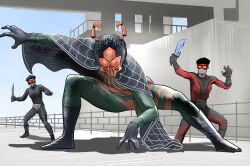3boys antennae arthropod_boy belt beret black_boots black_cape black_gloves blue_sky bodysuit boots cape commentary compound_eyes day domino_mask eye_mask facepaint fangs fighting_stance gloves green_bodysuit hat highres holding holding_knife holding_weapon kamen_rider kamen_rider_(1st_series) knife kumo_otoko marvel mask misogram monster multiple_boys name_connection outdoors parody railing red_mask shocker_combatant sky solo_focus spider-man spider-man_(series) spider-man_(toei) spider_web_print squatting tokusatsu weapon