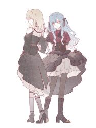  2girls absurdres arm_behind_back ascot bang_dream! bang_dream!_it's_mygo!!!!! black_ascot black_boots black_corset black_gloves black_pantyhose black_ribbon black_skirt blonde_hair blue_hair boots closed_mouth clothing_cutout corset doloris_(bang_dream!) full_body gloves hair_ribbon hand_on_another's_hand hand_up high_heel_boots high_heels highres long_hair looking_at_viewer medium_hair misumi_uika multiple_girls oblivionis_(bang_dream!) pantyhose red_shirt ribbon shirt shoulder_cutout sidelocks simple_background skirt standing tian_cheng_hua togawa_sakiko two_side_up white_background yellow_eyes 