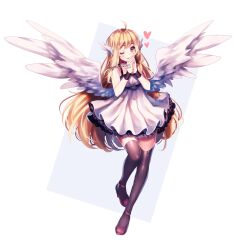  1girl ;) ahoge angel_wings artist_name bare_arms bare_shoulders black_choker black_thighhighs black_trim blonde_hair blush border borrowed_character breasts choker closed_mouth commentary double-parted_bangs dress english_commentary feathered_wings frilled_dress frills full_body gift_art grey_background hair_between_eyes hands_up head_wings heart high_heels highres knees_together_feet_apart lips long_hair looking_ahead louise_(michiroon) low-tied_sidelocks one_eye_closed original outside_border own_hands_together petticoat red_eyes red_shoes sasucchi95 shoes short_dress sidelocks simple_background small_breasts smile solo standing standing_on_one_leg thick_eyebrows thigh-highs very_long_hair white_border white_dress white_wings wings wristband zettai_ryouiki 