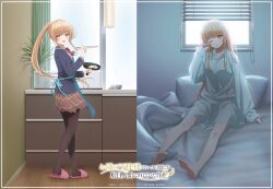  1girl absurdres anime_coloring apron black_pantyhose blue_apron bow bowtie brown_hair chopsticks commentary_request floating_hair fried_egg full_body hand_up highres holding holding_chopsticks holding_pan indoors long_hair official_art on_bed one_eye_closed open_mouth otonari_no_tenshi-sama_ni_itsu_no_mani_ka_dame_ningen_ni_sarete_ita_ken pantyhose parted_lips pink_slippers ponytail red_bow red_bowtie school_uniform shiina_mahiru_(otonari_no_tenshi-sama) sitting skirt slippers smile standing waking_up yellow_eyes 