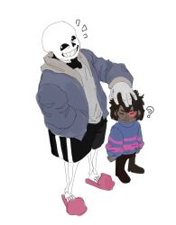  1boy 1other 2024 2d ? alternate_skin_color ambiguous_gender black_pants black_shoes black_shorts blue_jacket blue_sweater brown_hair child commentary dark-skinned_other dark_skin digital_media double_horizontal_stripe duo english_commentary frisk_(undertale) from_above full_body grey_hood hand_on_another's_head hollow_eyes hood hood_down hooded_jacket horizontal-striped_clothes human humanoid jacket long_sleeves male monster monster_boy open_clothes open_jacket pants pink_slippers pink_stripes sans_(undertale) shirt shoes short_hair shorts simple_background single_vertical_stripe skeleton slippers standing striped_clothes striped_shorts striped_sweater sweater teeth two-tone_sweater undead undertale utdr_(toby_fox) vertical-striped_clothes vertical-striped_shorts white_background white_shirt white_stripes zackoclown 