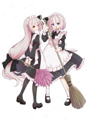  2girls alternate_costume apron artist_name back_bow black_dress black_pantyhose black_shoes blue_eyes bow breasts broom commentary_request dress duster enmaided frilled_apron frilled_dress frills full_body futa_(nabezoko) grey_hair holding holding_broom holding_duster juliet_sleeves konpaku_youmu konpaku_youmu_(ghost) long_hair long_sleeves looking_at_viewer maid maid_apron maid_headdress mary_janes multiple_girls open_mouth pantyhose personification puffy_sleeves red_eyes shoes simple_background small_breasts smile socks touhou very_long_hair watermark white_background white_bow white_socks 