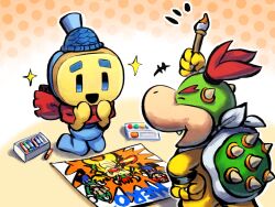  2boys :d arm_up bandana black_boots black_eyes black_facial_hair blue_eyes blue_hat blue_overalls boots bowser bowser_jr. bracelet brown_boots buddy_(mario) buttons child claws closed_eyes commentary_request crayon drawing_(object) facial_hair facing_another fang fireball gloves green_hat green_shirt hands_up hat highres holding holding_paintbrush horns jewelry kneeling long_sleeves luigi male_focus mario mario_&amp;_luigi:_brothership mario_&amp;_luigi_rpg multiple_boys mustache newsboy_cap nostrils open_mouth orange_background overalls paintbrush red_hair red_hat red_scarf red_shirt scarf shirt smile sparkle spiked_shell super_mario_bros. tail turtle_shell white_bandana white_eyes white_gloves yamari_(ya_mari_6363) 
