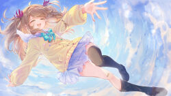 1girl asymmetrical_legwear bandaid bandaid_on_knee bandaid_on_leg black_socks black_thighhighs blue_sailor_collar blue_skirt blue_sky bow bowtie brown_hair cardigan closed_eyes clouds commentary english_commentary floating floating_hair from_side full_body green_bow green_bowtie hair_ribbon highres leenarie long_hair long_sleeves miniskirt neuro-sama no_shoes open_mouth outdoors pleated_skirt red_ribbon ribbon sailor_collar single_sock single_thighhigh skirt sky socks solo tears thigh-highs two_side_up uneven_legwear vedal_ai virtual_youtuber yellow_cardigan 
