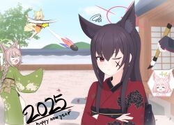 >_< +++ 2025 4girls :d :o ;( ^_^ absurdres alternate_costume animal_ear_fluff animal_ears asuparuch black_gloves black_hair blank_eyes blonde_hair blue_archive blue_halo blunt_bangs blush braid braided_ponytail brown_hair calligraphy_brush closed_eyes closed_mouth commentary_request crossed_arms dated day extra_ears eyelashes fingerless_gloves floral_print floral_print_kimono fox_ears fox_girl fox_platoon_(blue_archive) frown full_body garden gloves green_halo green_kimono hagoita half_up_braid halo hane_(hanetsuki) hanetsuki happy happy_new_year highres holding holding_calligraphy_brush holding_paddle holding_paintbrush ink_on_face japanese_clothes kimono kurumi_(blue_archive) long_hair long_sleeves looking_at_another looking_at_viewer low_ponytail medium_hair midair motion_lines multiple_girls new_year niko_(blue_archive) one_eye_closed open_mouth otogi_(blue_archive) outdoors paddle paintbrush pink_hair pink_kimono ponytail print_kimono red_eyes red_halo red_kimono sandals sidelocks smile speech_bubble spoken_character squiggle swept_bangs triangle_halo tsurime two_side_up upper_body very_long_hair wide_sleeves xd yukino_(blue_archive) 