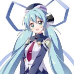  1girl :d blue_hair blush commentary_request commission green_eyes hair_ribbon haru_(konomi_150) hat hoshino_yumemi long_hair long_sleeves looking_at_viewer necktie open_mouth partial_commentary pixiv_commission planetarian ribbon shirt smile solo twintails very_long_hair 