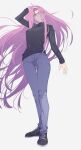  1girl absurdres anianiani0607 arm_at_side arm_up ass_visible_through_thighs black_sweater blue_pants breasts casual denim fate/grand_order fate/stay_night fate_(series) floating_hair forehead glasses hand_in_own_hair hand_on_own_head highres jeans long_hair long_sleeves looking_at_viewer medium_breasts medusa_(fate) medusa_(rider)_(fate) pants parted_lips purple_hair shoes sneakers solo sweater thigh_gap upper_body very_long_hair violet_eyes 
