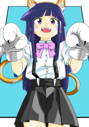  1girl :d absurdres animal_ear_fluff animal_ears black_skirt blue_background blue_hair blunt_bangs blunt_ends blush border bow bowtie cat_ears cat_tail collared_shirt commentary cowboy_shot downturned_eyes dress_shirt fake_animal_ears fake_claws fake_tail from_behind furude_rika hands_up highres higurashi_no_naku_koro_ni hime_cut long_hair looking_at_viewer miniskirt okazaki024 open_mouth outside_border pink_bow pink_bowtie pleated_skirt shirt short_sleeves sidelocks simple_background skirt smile smug solo sparkling_eyes straight-on suspender_skirt suspenders tail teeth upper_teeth_only v-shaped_eyebrows very_long_hair violet_eyes whiskers white_border white_shirt 