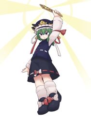  1girl arm_bow arm_up black_shoes black_skirt blackbad blue_eyes blue_hat blue_vest bow commentary_request footwear_bow full_body glowing green_hair hat hat_ribbon highres holding holding_rod legs_together long_hair long_sleeves looking_down medium_skirt parted_lips red_ribbon ribbon ribbon-trimmed_skirt ribbon_trim rod rod_of_remorse shiki_eiki shirt shoes skirt skirt_bow socks solo standing touhou v-shaped_eyebrows vest white_background white_ribbon white_shirt white_socks 