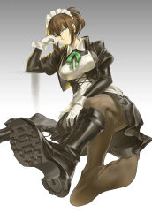  absurdres apron black_boots black_pantyhose boots crossed_legs feet fine_fabric_emphasis folded_ponytail foot_focus footwear_focus gloves green_eyes green_necktie hairband half_up_hair_twist head_on_hand highres knee_boots lace-up_boots long_hair maid maid_apron maid_headdress medium_hair neck_ribbon necktie original pantyhose ribbon ruukii_drift sidelocks simple_background single_boot sitting soles thighband_pantyhose unworn_boots white_gloves 