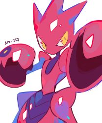  colored_skin highres no_humans pincers pokedex_number pokemon pokemon_(creature) pokemon_focus red_skin scizor simple_background solo uenomigi white_background yellow_eyes 