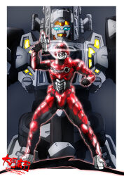  1boy armor armored_bodysuit black_bodysuit bodysuit character_mask chou_uchuu_keiji_gavan_infinity combat_helmet commentary_request cosmo_gavarion_gc-r full_armor gavan_infinity gavarion_trigger glowing glowing_eyes gun helmet highres holding holding_gun holding_weapon mask mecha red_armor red_bodysuit red_helmet robot science_fiction super_robot taiga_hiroyuki tokusatsu weapon 