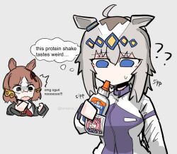  ? ?? animal_ears belno_light_(umamusume) black_eyes black_jacket blue_eyes breasts brown_hair commentary elmer's english_commentary english_text grey_background grey_hair haru_urara_(umamusume) horse_ears horse_girl jacket looking_at_another looking_down medium_breasts medium_hair multicolored_jacket oguri_cap_(umamusume) open_mouth purple_jacket speech_bubble sweatdrop thought_bubble track_jacket track_suit tunaplus_c twitter_username two-tone_jacket umamusume white_jacket 