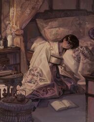  1other absurdres androgynous bed bedroom black_hair blanket book bookshelf cherry_blossoms chest_of_drawers choko_(cup) closed_eyes closed_mouth commentary crest cup curtains expressionless family_crest flower flute fujiwara_no_iyozane fujiwara_no_iyozane_(past) full_body hakama hakama_skirt hashtag-only_commentary hatsburg head_on_arm highres indoors instrument japanese_clothes kimono kneeling leaning_to_the_side len'en long_sleeves nostrils open_book other_focus petals pillow print_sleeves purple_hakama realistic short_hair skirt sleeping sleeves_past_fingers sleeves_past_wrists solo stool teapot tray vase white_flower white_kimono wide_sleeves 