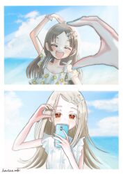  2girls blonde_hair blue_nails blue_sky bracelet brown_hair cellphone closed_eyes closed_mouth clouds colored_eyelashes commentary_request earrings facing_viewer fingernails flipped_hair floral_print gakuen_idolmaster hair_ornament hairclip heart heart_arms heart_arms_duo heart_hands heart_hands_duo highres holding holding_phone horizon idolmaster jewelry koutarou_(hamtaro_neki) kuramoto_china long_hair looking_at_viewer multiple_girls multiple_views nail_polish ocean open_mouth orange_eyes outdoors parallel_hairclips phone pov pov_hands print_shirt shinosawa_hiro shirt sidelighting signature sky smartphone smile stud_earrings upper_body white_shirt 
