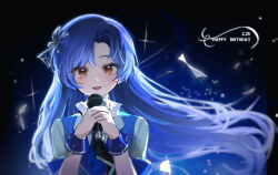  1girl blue_hair blue_jacket blue_wrist_cuffs brown_eyes commentary_request floating_hair hairband happy_birthday highres holding holding_microphone idolmaster idolmaster_(classic) idolmaster_million_live! idolmaster_million_live!_theater_days jacket kiruko_(kirukos2maru) kisaragi_chihaya kisaragi_chihaya_(being_myself) long_hair looking_at_viewer microphone necktie official_alternate_costume open_mouth short_sleeves solo upper_body white_sleeves wrist_cuffs 