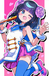  1girl ;d armpit_crease bare_shoulders bemani black_hair blue_eyes blue_thighhighs blunt_bangs blush braid breasts character_request commentary_request cowboy_shot drop_shadow flower folded_fan folding_fan hair_flower hair_ornament halftone hand_fan highres holding holding_fan leg_up looking_at_viewer mary_janes miniskirt omochishiki one_eye_closed open_mouth outline outside_border pillarboxed pink_shoes pink_skirt pleated_skirt pop'n_music purple_flower purple_rose rose shirt shoes short_hair skirt sleeveless sleeveless_shirt small_breasts smile solo thigh-highs twin_braids white_outline white_shirt zettai_ryouiki 