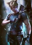  1boy animal_ears artist_name belt black_gloves black_pants black_shirt brown_belt brown_hair cat_boy cat_ears closed_mouth fingerless_gloves gloves gun highres holding holding_gun holding_knife holding_weapon holster knife knife_holster kyle. leon_s._kennedy male_focus muscular muscular_male pants resident_evil resident_evil_4 resident_evil_4_(remake) shirt short_hair shoulder_holster solo weapon weapon_on_back 