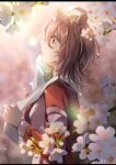  1girl agnes_tachyon_(umamusume) ahoge animal_ears blurry blurry_background branch breasts brown_hair cherry_blossoms from_side highres holding holding_towel horse_ears jacket letterboxed long_sleeves medium_hair parted_lips petals red_jacket shirin_(tsukimiyagura) sideways_mouth small_breasts solo sweat towel towel_around_neck track_jacket twitter_username umamusume watermark wiping_sweat 