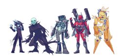 1boy 1girl 3others artful_(die_of_death) badware_(die_of_death) black_gloves black_hat black_pants black_shoes black_skin black_tail black_vest closed_eyes colored_skin commentary cyclops dashii_(amoriiiiiiiix) die_of_death english_commentary gloves golem halo harken_(die_of_death) hat highres holding holding_sword holding_weapon killdroid_(die_of_death) multiple_others one-eyed pants pursuer_(die_of_death) red_skin roblox robot rocket_launcher shirt shoes simple_background standing sword vest weapon white_background white_hair white_shirt