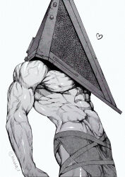  1boy artist_name belt commentary_request cowboy_shot faceless faceless_male greyscale heart kaido_(kaido_ggg) loincloth male_focus manly monochrome muscular muscular_arms muscular_male nipples pectorals pyramid_head silent_hill_(series) silent_hill_2 simple_background solo topless_male triangular_headpiece veins veiny_arms white_background 
